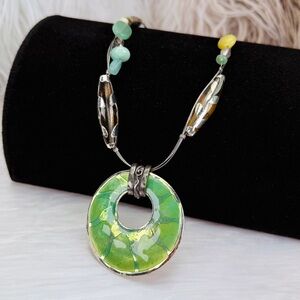 Vintage Green and Silvertone bohemian chic Pendant Necklace
